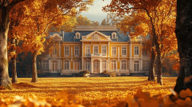 Autumn view of a luxurious mansion through golden leaves. Generative AI image