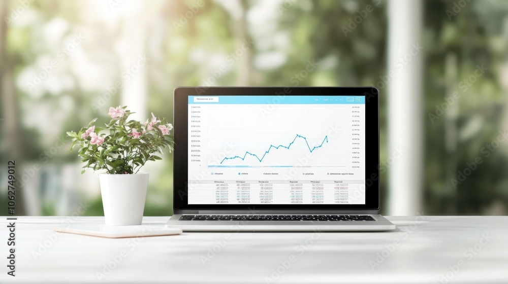 Poster a line chart on a computer screen showing a sharp upward trend in profits, representing financial su