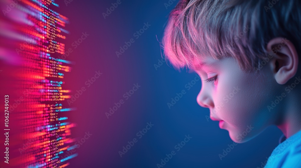 Poster a child playfully learning the basics of coding on a colorful and engaging educational software inte