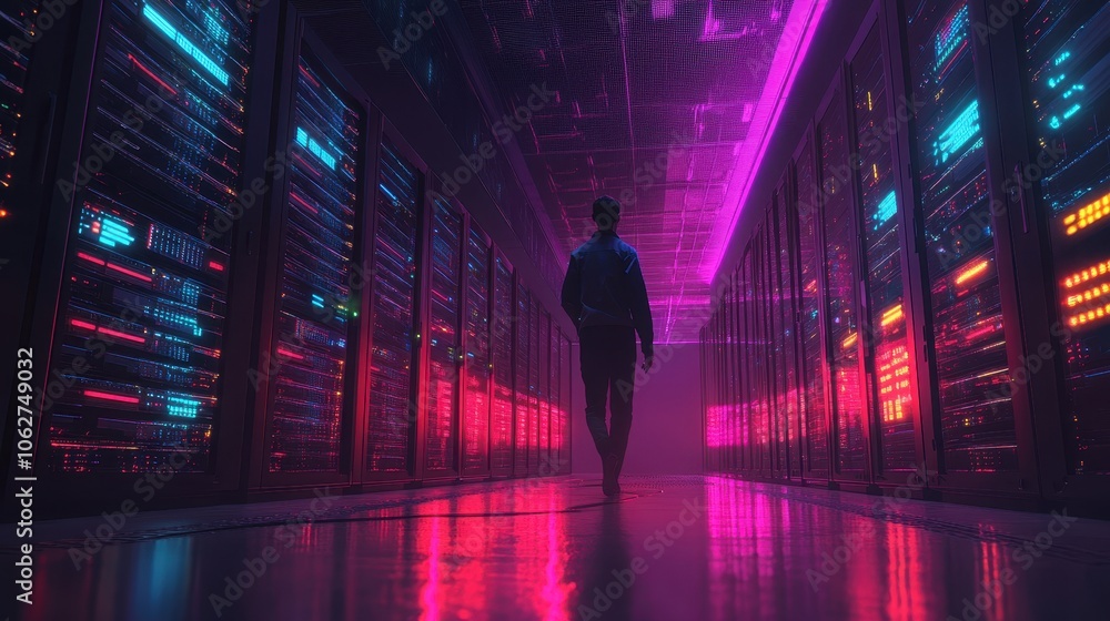 Poster technician managing server in data center generative ai image