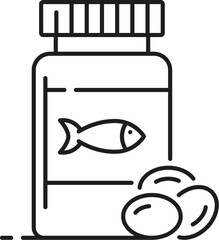 Salmon fish oil capsule thin line icon. Healthy nutrition and dieting supplement jar, Omega 3 fatty acid source outline pictogram. Vitamin D and E dragee or pill container thin line icon or symbol