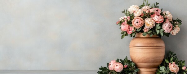 A handcrafted wooden urn surrounded by flowers, a symbol of the final goodbye in a simple and natural setting