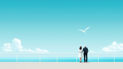 Obraz premium An elderly couple standing at the railing of a cruise ship, gazing out at a breathtaking ocean vista, the wind blowing through their hair.