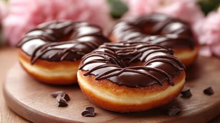 Delicious donuts with chocolate drizzle, served on a table with pink flowers in the background.