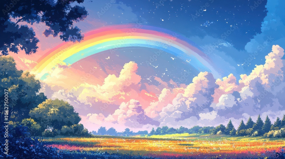 Poster rainbow view background in sky in pixel style, ai generated image