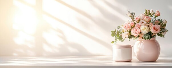 Fototapeta premium A memorial table with a bouquet and urn, sunlight streaming through a window, evoking a quiet moment of reflection and farewell