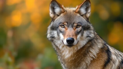 Fototapeta premium Furry dangerous iberian wolf in nature background. AI generated image