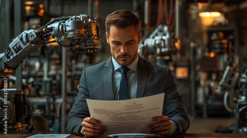 Poster engineer reading document and examining robotic arms at factory