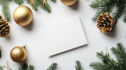 Christmas card mockup on a white table with golden ornaments
