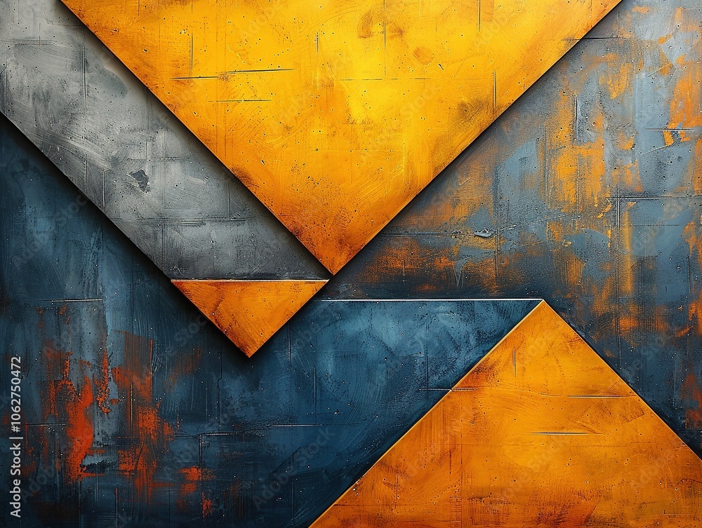 Poster abstract geometric composition with orange and blue tones, creating a dynamic visual effect.