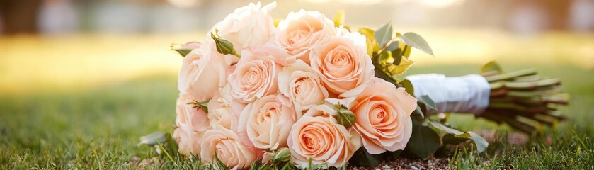 Obraz premium A tranquil graveside service with a bouquet of roses gently placed on the ground, honoring the deceased with love and respect