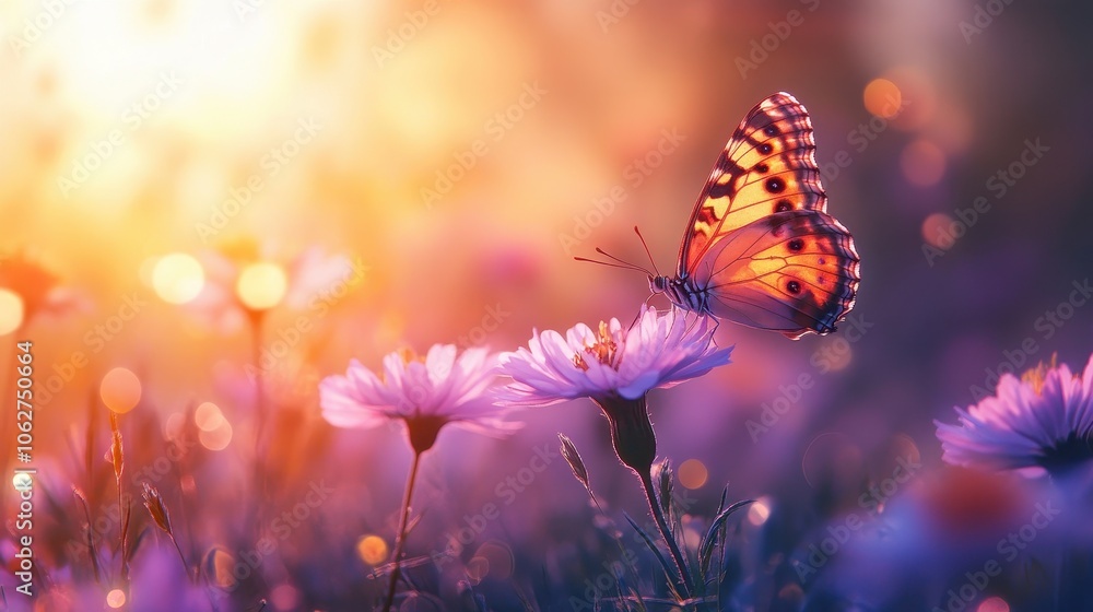 Poster field of colorful cosmos flower and butterfly in a meadow in nature in the rays of sunlight in summe