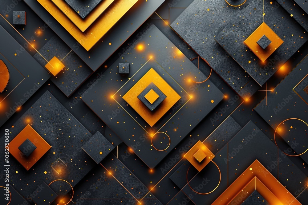 Poster abstract geometric design featuring layered shapes in black and orange with glowing elements.