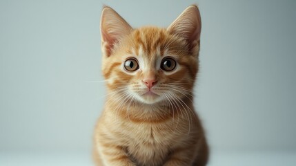 Isolated on white background, a cute ginger cat sits and stares at the camera