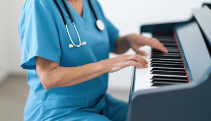 A woman in a blue scrubs plays the piano