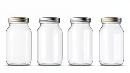 Four empty glass jars with metal lids displayed against a white isolated background, perfect for storage, preserving, or artistic uses.