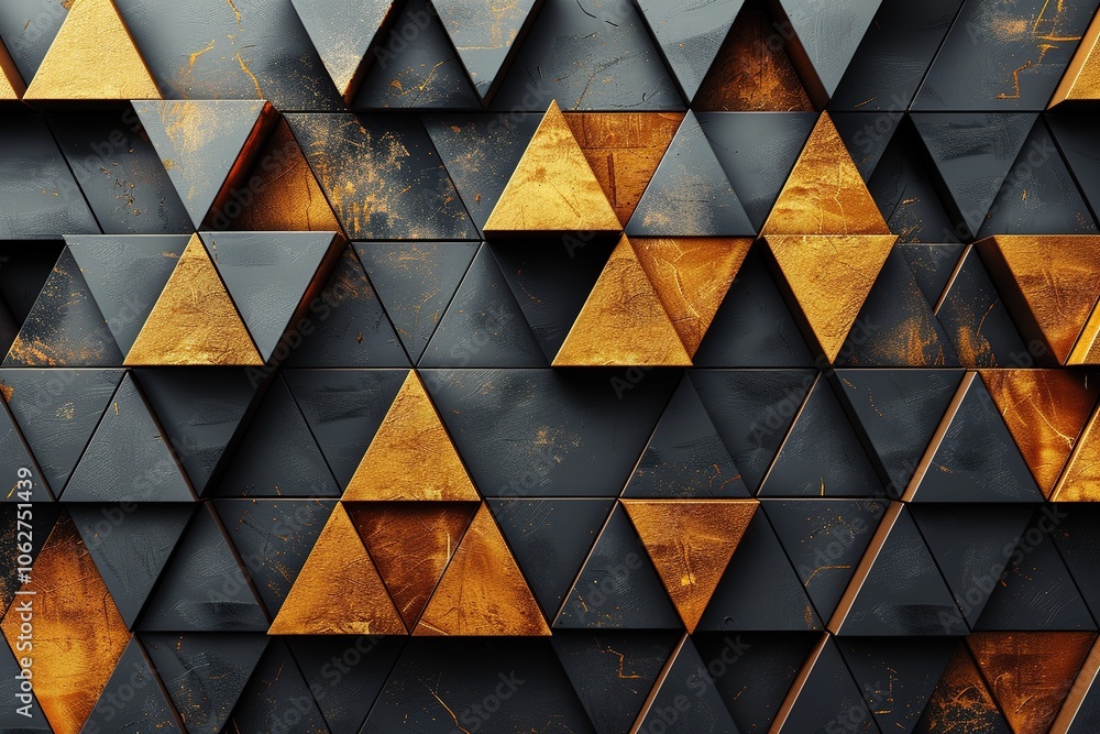 Poster abstract geometric pattern featuring triangular shapes in black and gold tones.