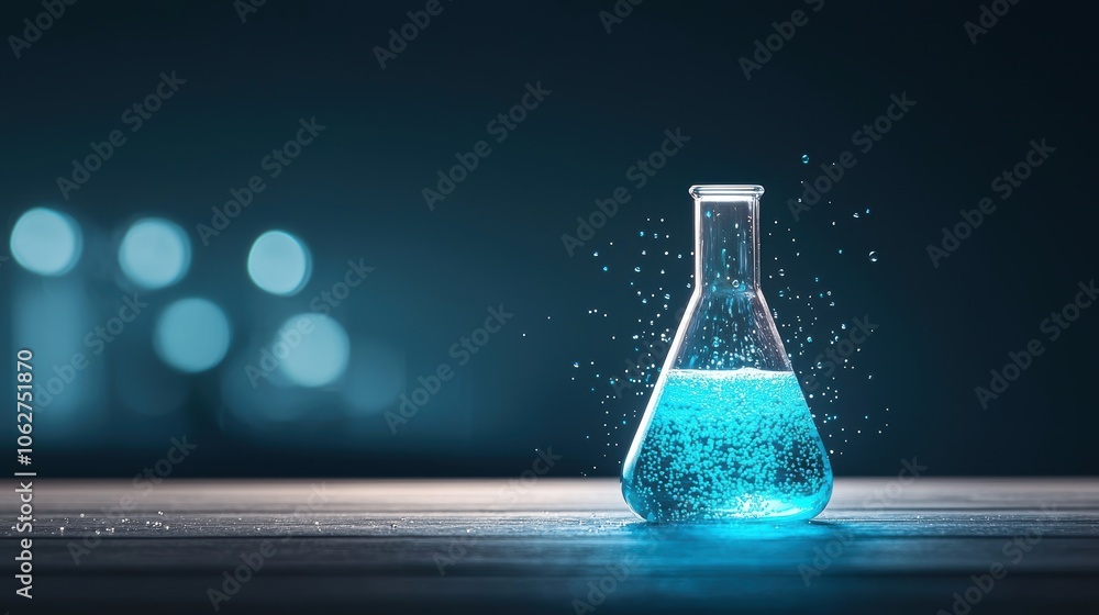 Poster close up shot of a glowing blue solution inside a flask, illuminated from below to highlight the eth