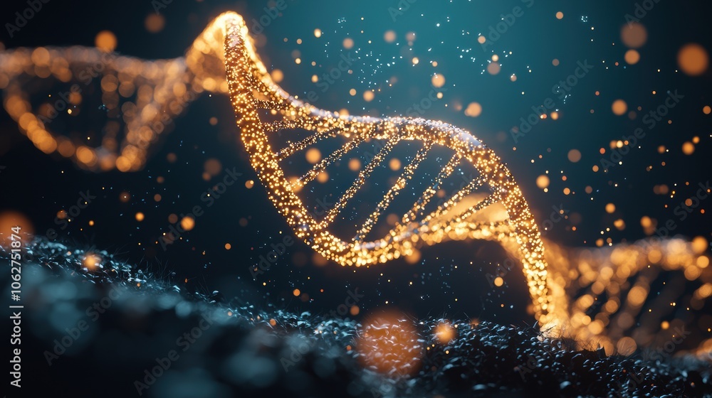 Poster an abstract representation of a dna double helix, with glowing lines and dots forming the intricate 