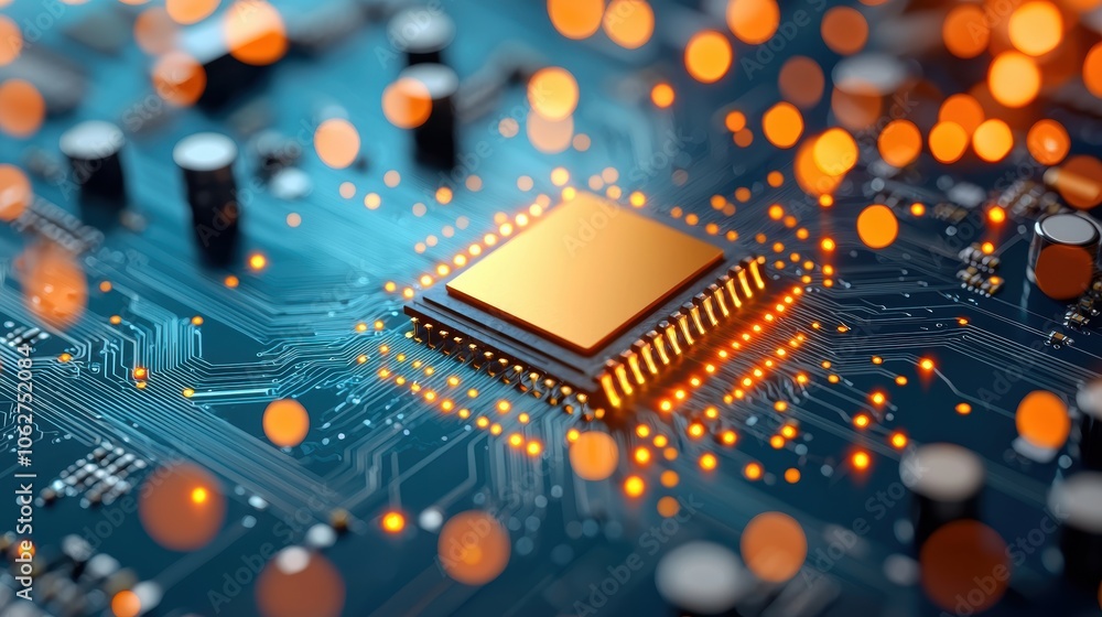 Poster a close up shot of a computer processor with its intricate circuitry and golden contacts, highlighti