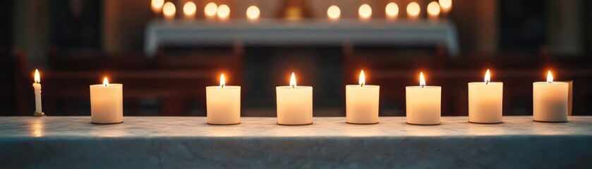 Quiet chapel filled with virtuous Christians, trust in spiritual guidance, glowing candles illuminating the altar, peaceful All Saints Day prayer