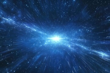 Naklejka premium Starry night sky with radiant light rays on blue blurred background