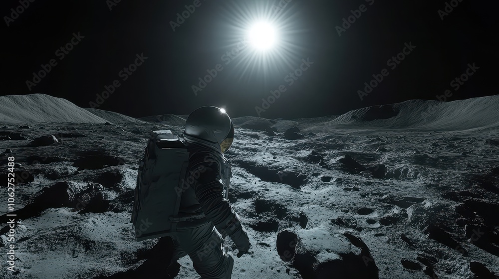 Poster space exploration scene with astronaut on lunar landscape. generative ai image