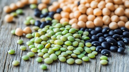 A close-up shot of green lentils chickpeas and black beans scattered on a wooden surface emphasizing their unique shapes and colors
