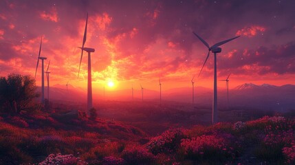 Fototapeta premium Majestic wind turbines overlooking a sunset landscape. Generative AI image