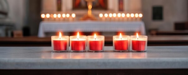 Christian believers lighting candles in remembrance, All Saints Day virtue and faith, sacred church filled with devotion, glowing altar, peaceful spiritual scene
