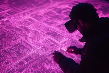 Exploring the Future: A Person Uses VR to Experience a Futuristic Cityscape