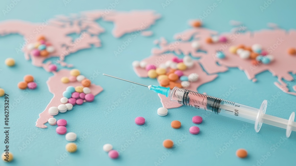 Poster close up of a syringe with vaccine vials and a world map in the background, emphasizing the importan