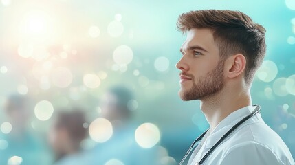 Doctor wearing a stethoscope with a compassionate expression, superimposed over a blurred background of diverse patients, representing universal access to healthcare.