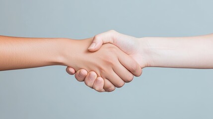 Two hands of different skin tones clasped together in a handshake, representing equality, respect, and collaboration across cultural differences.