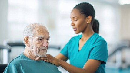Obraz premium A woman in a blue shirt is helping an older man with his neck