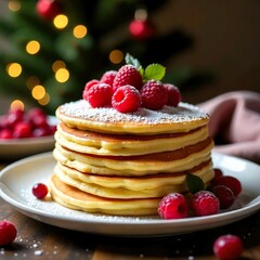 A stack of golden pancakes topped with fresh raspberries, cranberries, and a dusting of powdered sugar, set against a festive background with a Christmas tree and twinkling lights