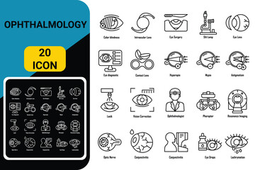 ophthalmology eye doctor hospital medical clinic outline line icon set