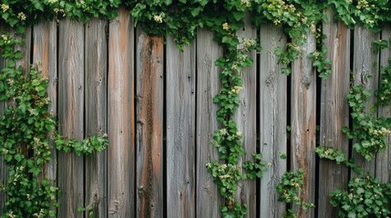 Weathered wooden fence panels with climbing green ivy vines creating natural garden barrier pattern