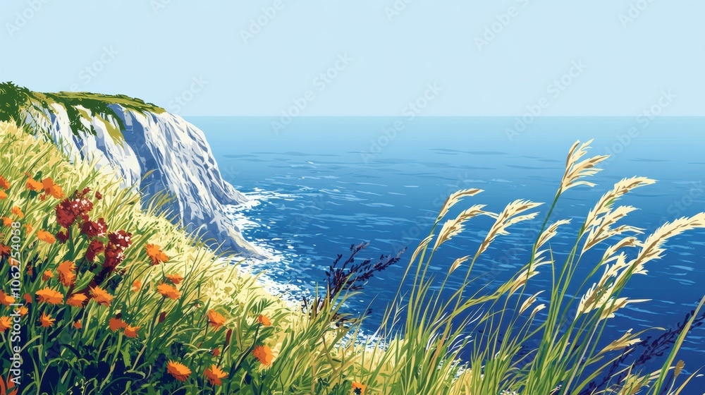 Wall mural A high, windswept cliff overlooking the ocean, with tall grasses and wildflowers swaying in the breeze.