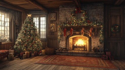 View of the room with a fireplace. Festive decorations and a Christmas tree.