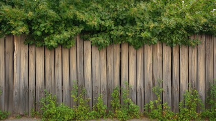 Natural wooden fence covered with climbing green ivy creating garden privacy screen with organic pattern