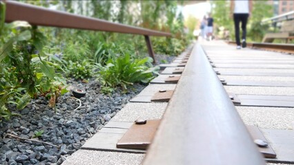 New York City High Line elevated greenway, Manhattan Midtown, USA. People in urban public park. Promenade in garden greenery. American street life, Chelsea highline near Hudson Yards. Railway tracks.
