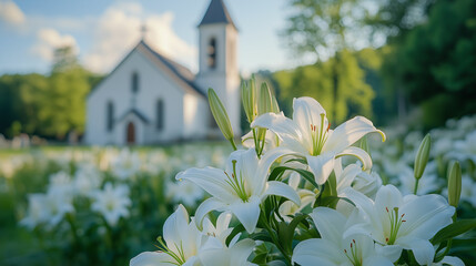 Beautiful white lilies in foreground with church in serene countryside