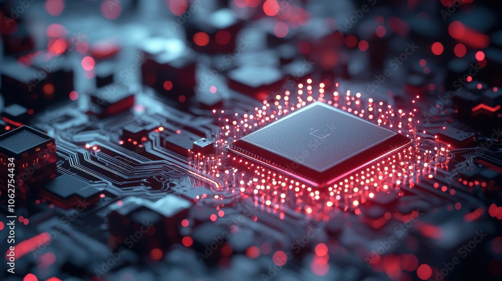 Poster a stylized depiction of a quantum processor chip with intricate circuitry and glowing quantum bits, 