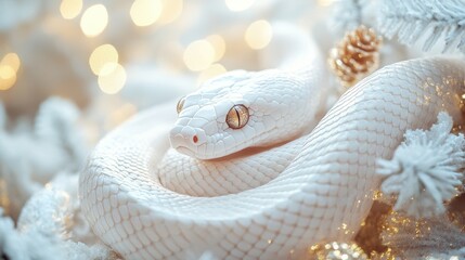 Fototapeta premium A cute white snake on Christmas and new year background. The Chinese calendar of 2025 year. New Year Background with the animal.with gold bokeh