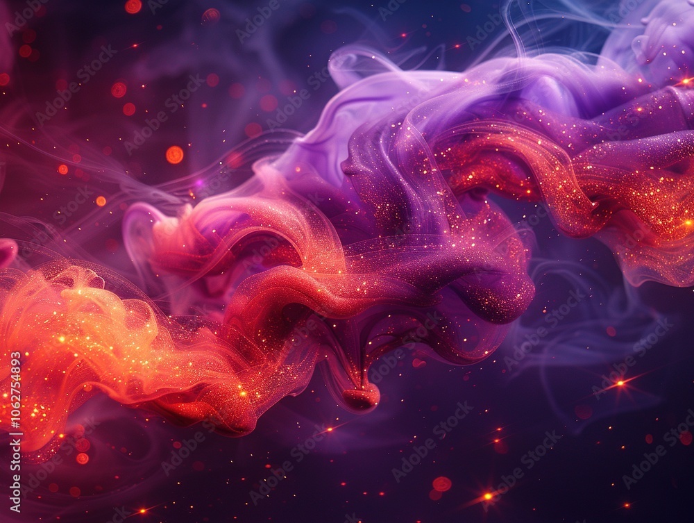 Poster abstract swirling colors with luminous particles creating a cosmic atmosphere.