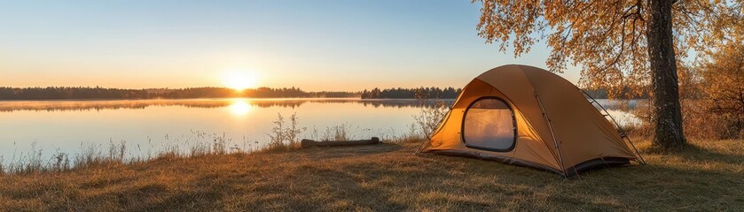 Fototapeta premium Tent by serene lake during sunset, surrounded by trees and tranquil landscape
