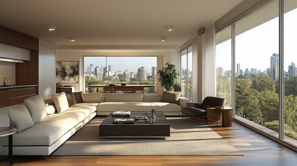 Fototapeta premium The living room is modern and has parquet flooring with chic furniture.