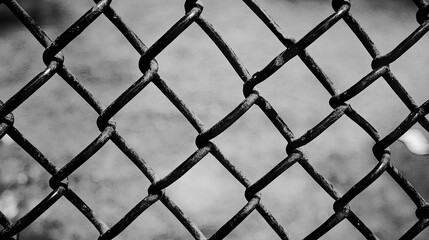 Fototapeta premium Weathered chain link fence in black and white closeup