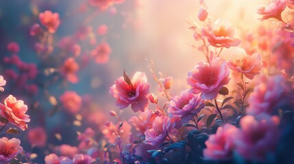 Fototapeta premium Paradise garden full of flowers, beautiful idyllic background with many flowers in Eden. Generative Ai.